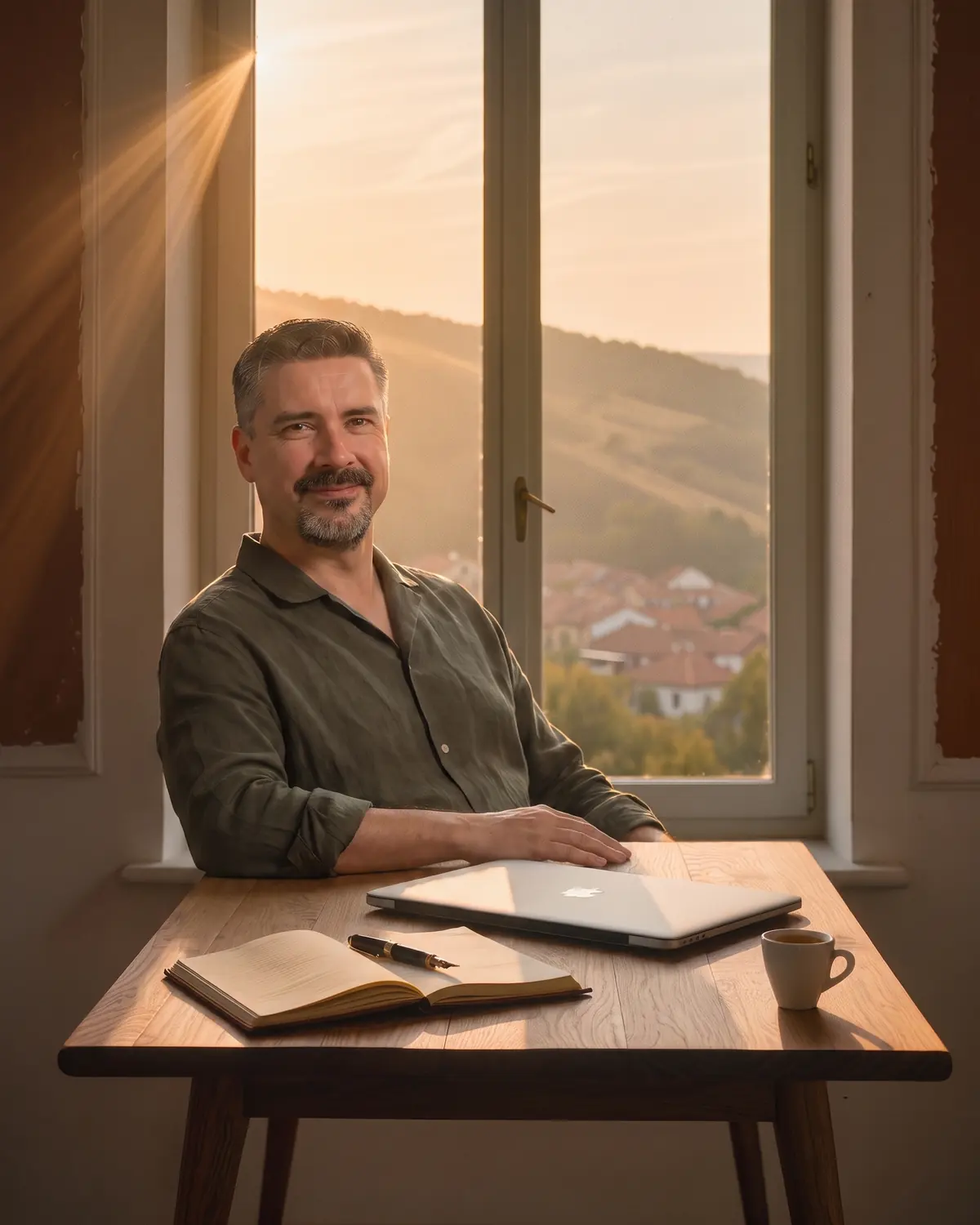 Răzvan Popescu la birou, lângă fereastră, în lumina caldă a dimineții.