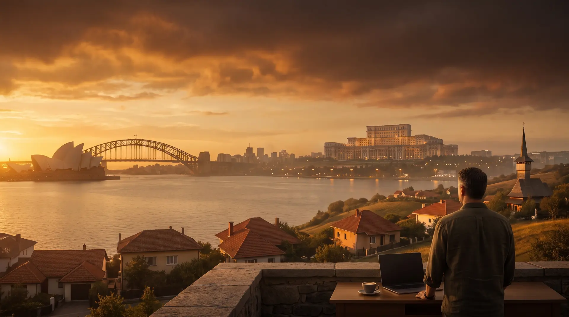 Răzvan Popescu, văzut din spate, la un birou pe o terasă de piatră, privind în amurg un golf care unește cele două lumi ale lui: Opera din Sydney și Harbour Bridge pe malul stâng, Casa Poporului pe malul drept, iar în apropiere un sat românesc cu turlă de biserică.